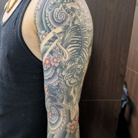 左腕　虎　額彫り　七分　桜　松の木